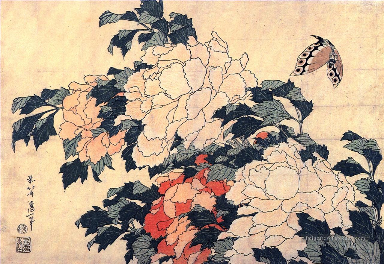 poenies et papillon Katsushika Hokusai ukiyoe Peintures à l'huile